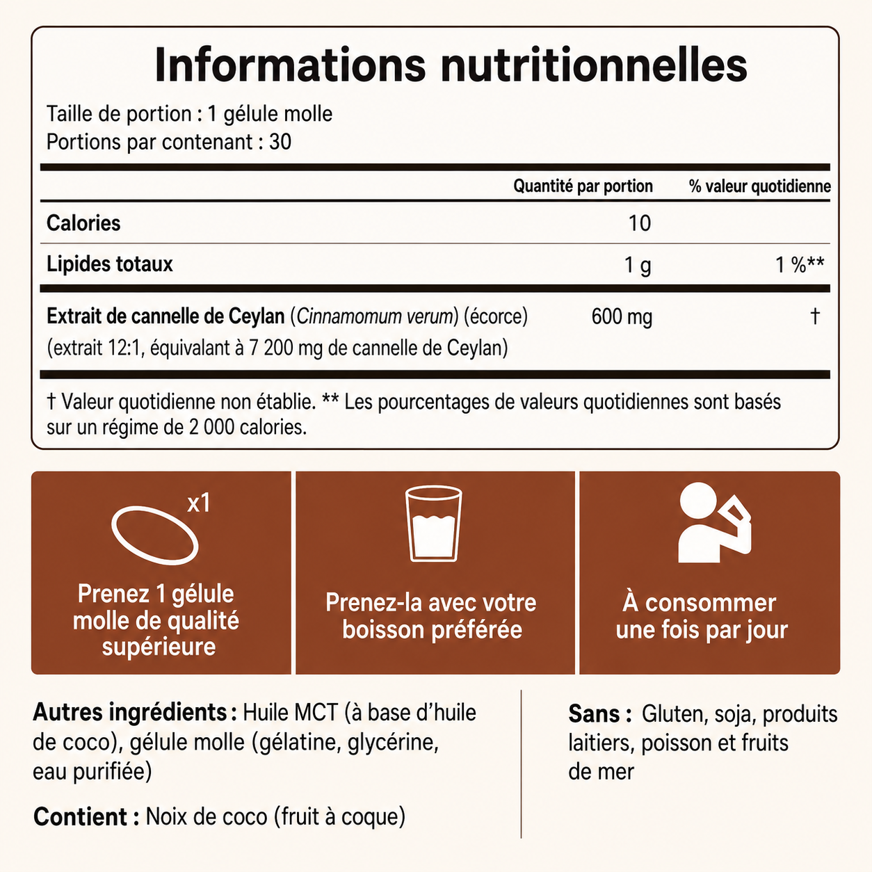 Cannelle de Ceylan 7200 mg Équivalent avec Huile MCT