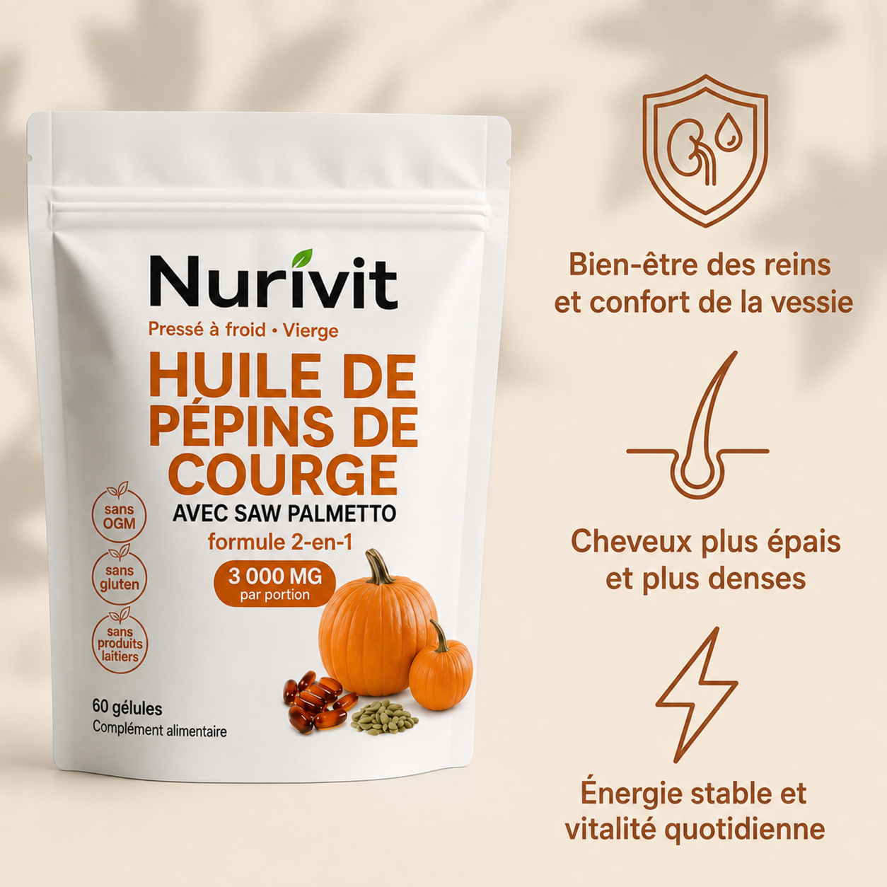 Nurivit Gélules d'Huile de Graines de Courge – Contribuent naturellement à renforcer la santé des reins et le confort de la vessie de l'intérieur.