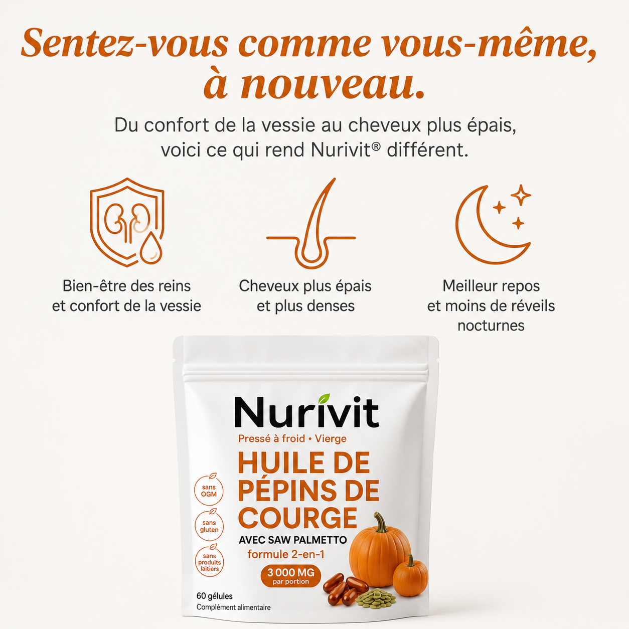 Nurivit Gélules d'Huile de Graines de Courge – Contribuent naturellement à renforcer la santé des reins et le confort de la vessie de l'intérieur.